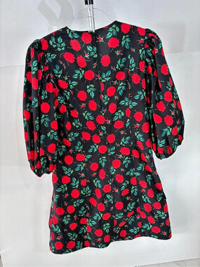 Dresses | Black Red Rose Print Puff Sleeve Mini Dress Large | Poshmark